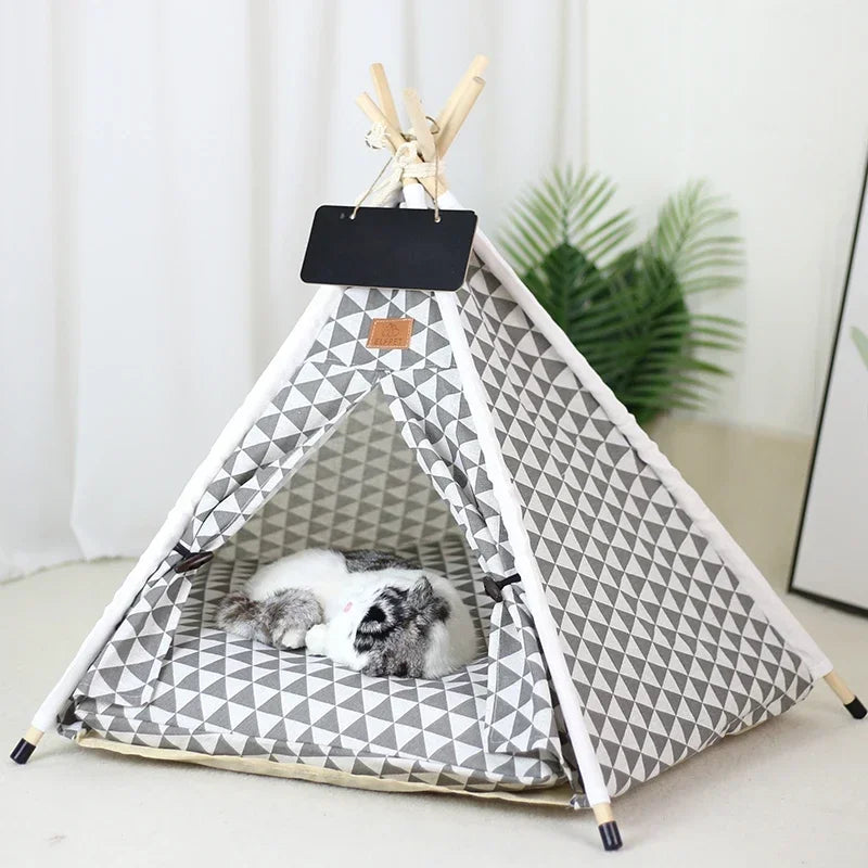 Pet Tent House Dog Bed Portable Removable Washable Teepee Puppy Cat Indoor Outdoor Kennels Cave with Cushion and Blackboard