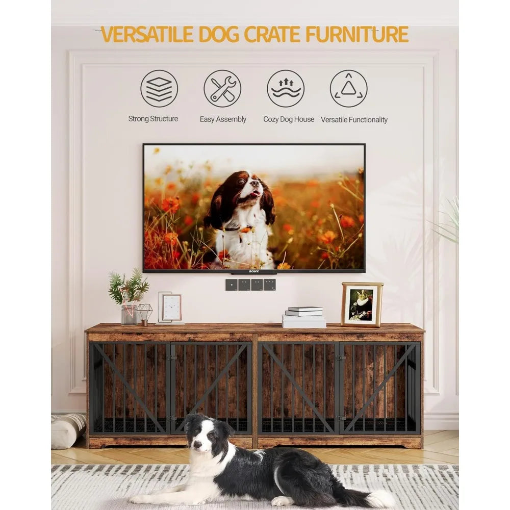 76.4" Dog Crate Furniture with Divider for 2 Dogs