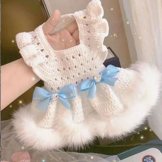 Cat and Dog Dress Autumn Winter Princess Dress Pink Blue Bow Hollow Out Sweater Dress  Fashion Two Legged Pet Clothing