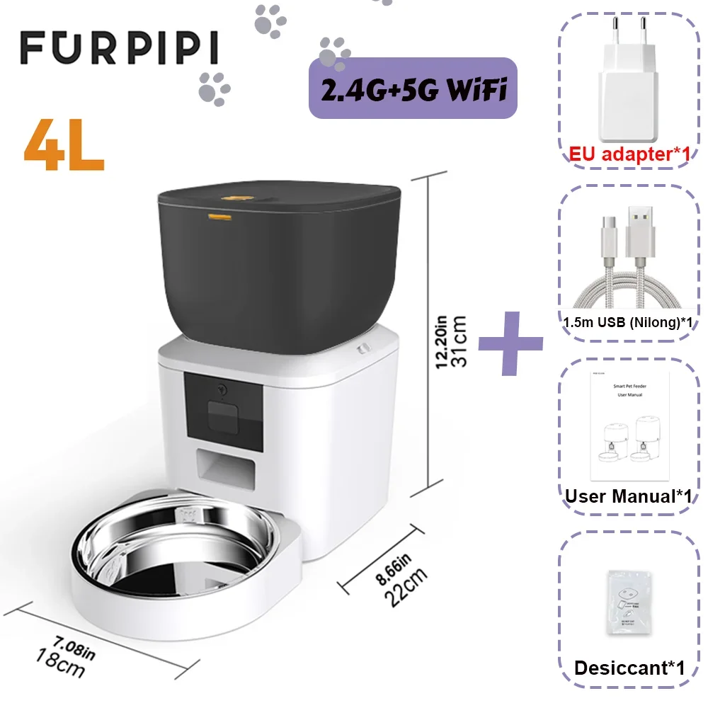 Automatic Feeder for Cats Dogs with Camera HD 4L/8L Furpipi HD 1080P 2.4G/5GWiFi Time Setting Feeder for Pets Dogs Cats Bowls