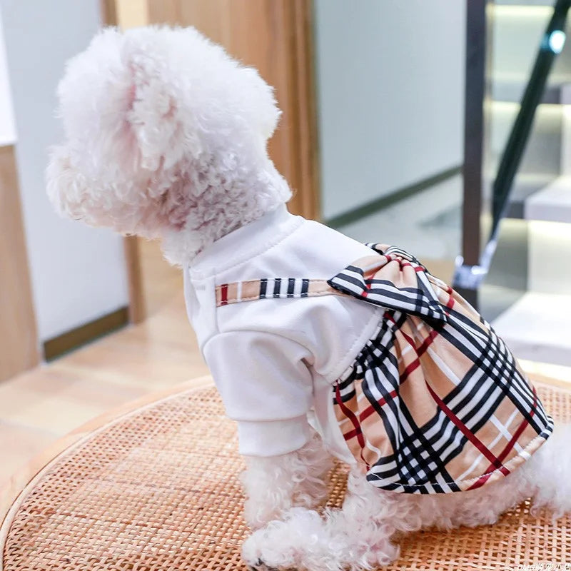 1PC Pet Clothes Cat Spring/Summer Thin White Spliced Bow Plaid Dress Suitable for Small and Medium Dogs