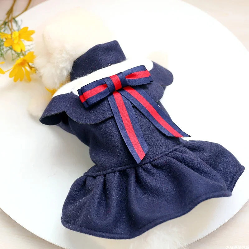 1PC Pet Clothes Cat Autumn/Winter Thickened Petal Collar Bow Princess Dress Navy Blue Suitable for Small and Medium Dogs