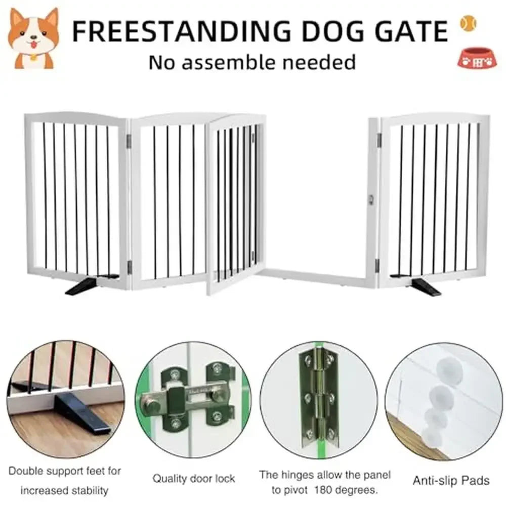 Freestanding Wooden Pet Gate with Lockable Door Foldable Indoor Dog Fence House Doorways Stairs Room Divider and Safety Fence