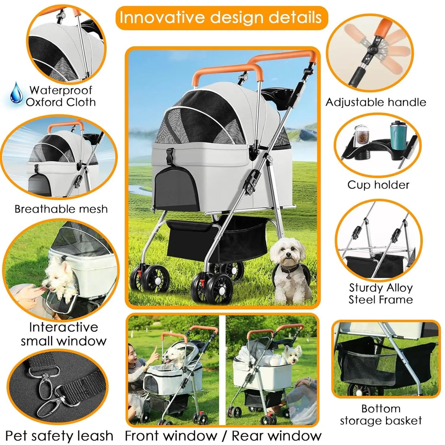 Dog Stroller, Pet Stroller, Cat Strollers – with Portable Dog Food and Water Bowl Set, Foldable Pet Dog Cat Carrier for Medium