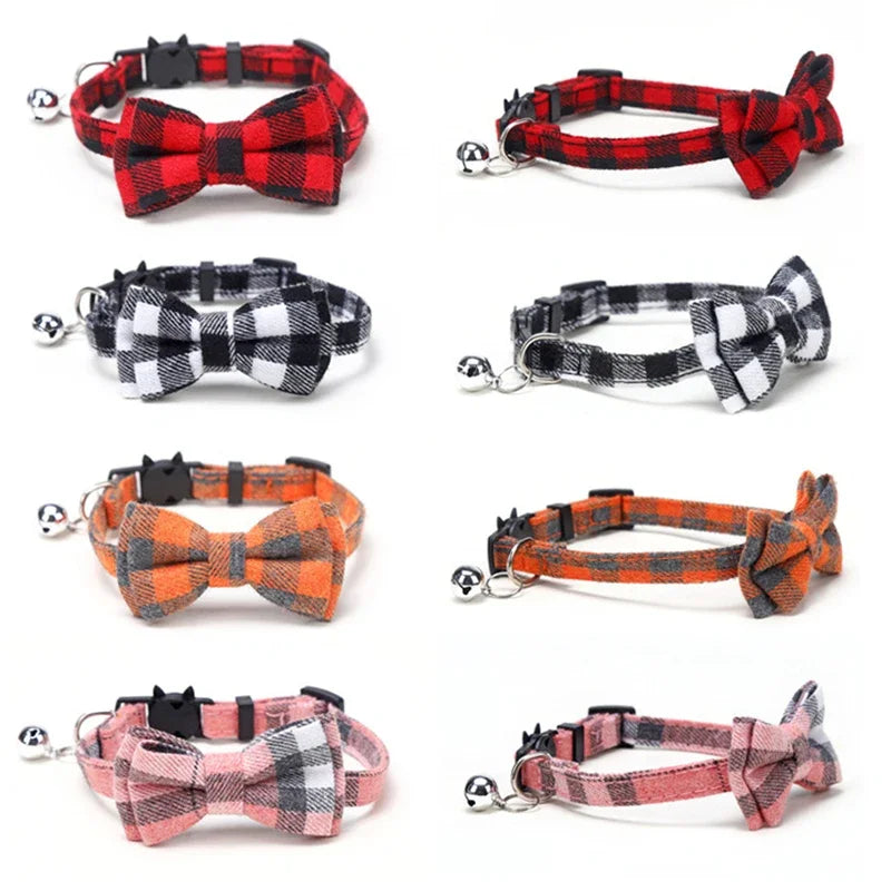 Pet Breakaway Cat Collar Bow Tie and Bell Cute Plaid Christmas Red Elastic Adjustable Dog Collar With Sash Small Bell For Cats