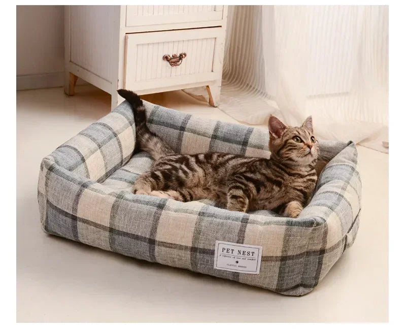 Plaid Printing Soft Removable&Washable Dog Bed Fabric Skin-Friendly Cotton&Linen Breathable Pet Sofa Square Cat Litte Dog Bed