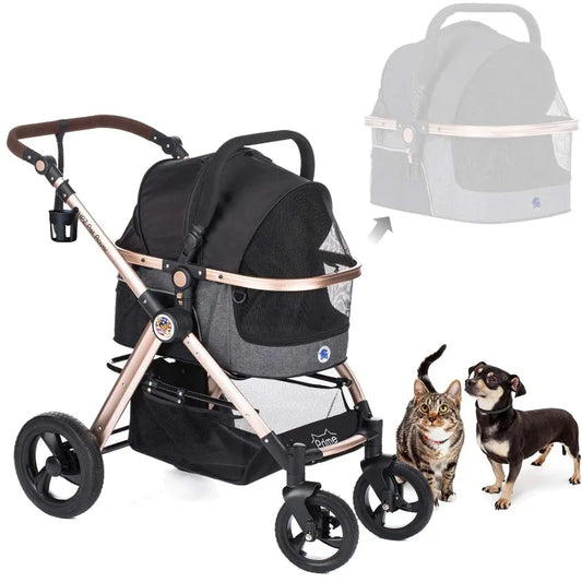 Prime 3-in-1 Luxury Dog/Cat Stroller Travel Carrier Car Seat +Stroller with Detach Carrier/Pump-Free Rubber Tires