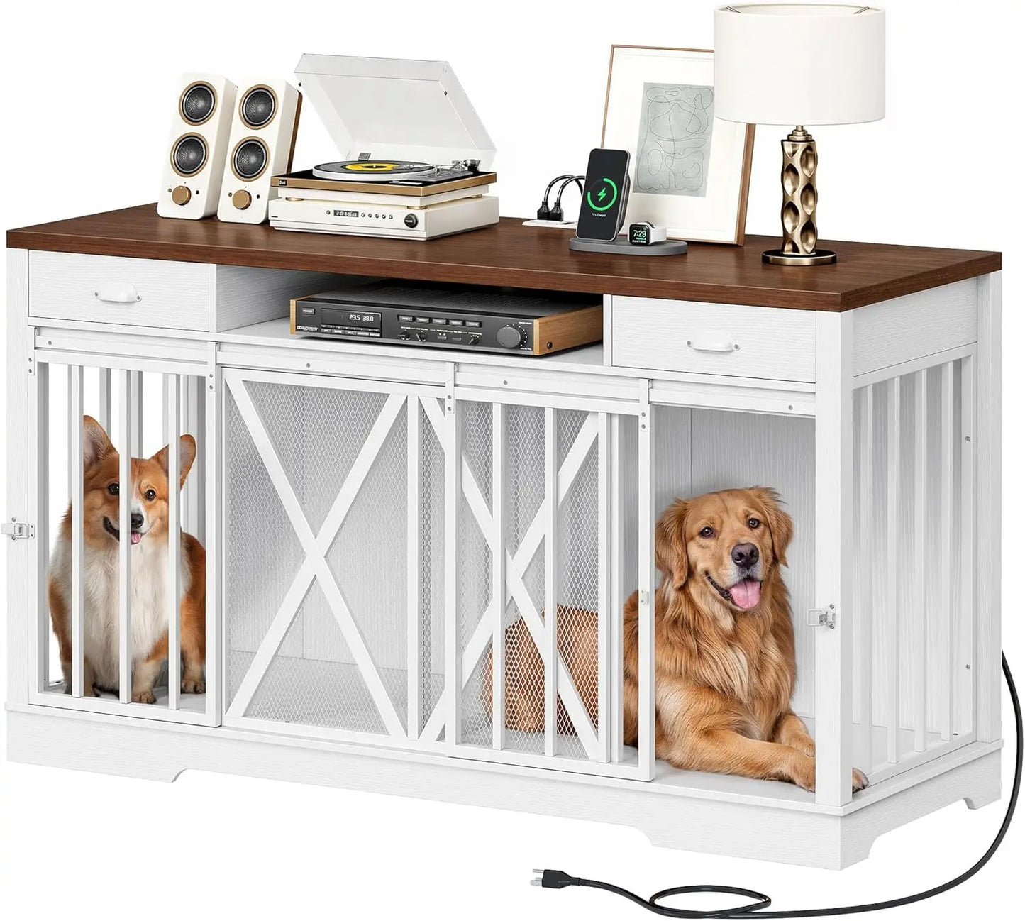 YITAHOME 63 Inch Double Dog Crate TV Stand with Charging Station, Heavy Duty Wooden Dog Crate Furniture for 2 Dogs, Dog Kennel I