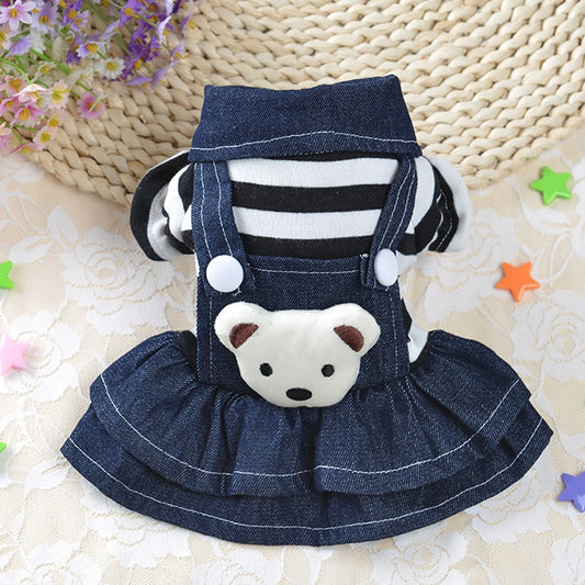 Spring Summer Pet Dog Clothes Striped Bear Cute Cat Dog Strap Denim Skirt for Puppy Yorkie Chihuahua Dresses Pet Clothing