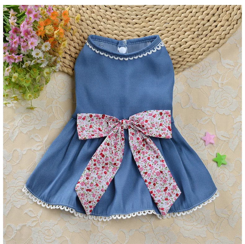 Denim Princess Skirt Comfortable Dog Dress Jeans Lace Pet Dresses for Summer Wear Elegant Bowknot Puppy Clothes Robe Pour Chien