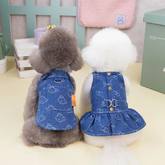 Summer Dog Dress Couples Outfit  Puppy Clothes Sweet Dog Cat Clothing Pet Dress Cartoon Embroidered Dog Print Skirt Cowboy Jeans