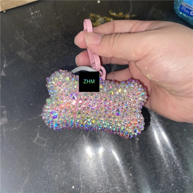 AB Mixed Rhinestone Pet Poop Bag Dispenser 1 Roll Bag Cat Dog Waste Bag Holder Pets Dog Garbage Bag Poop Bag Bone Shape Case