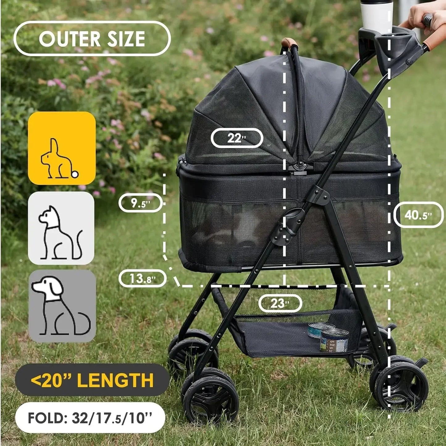 3 in 1 Folding Dog Stroller Pet Folding Stroller 4 Wheels Dog/Cat Puppy Stroller W/Removable Travel Carrier for Small/Medium Pet