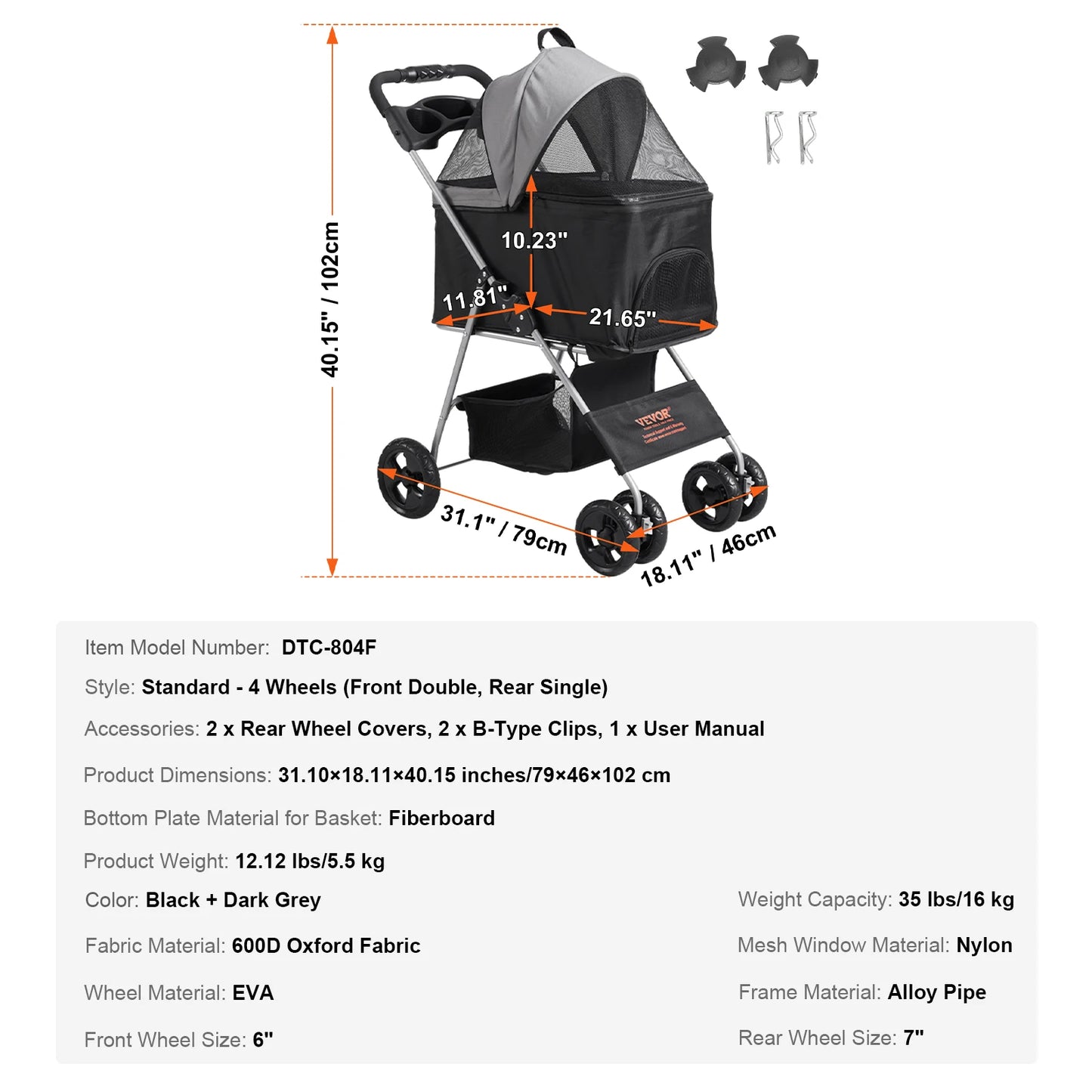 VEVOR 35lbs 4 Wheels Pet Dog Stroller with Brakes Storage Basket Cup Holder Puppy Stroller for Cats Travel Dogs Accessories