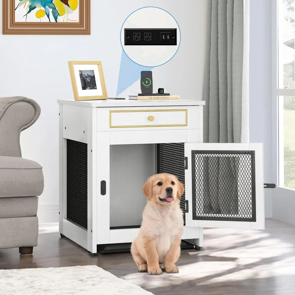 Wooden Dog Kennel End Table Crate Furniture USB Charger Small Dogs Indoor White Safe Stable Cleaning Tray Diamond Iron Mesh Dual