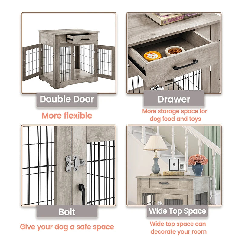 Furniture Style Dog Crate End Table with Drawer, Pet Kennels with Double Doors, Dog House Indoor Use,29.9''x24.8''x30.71''