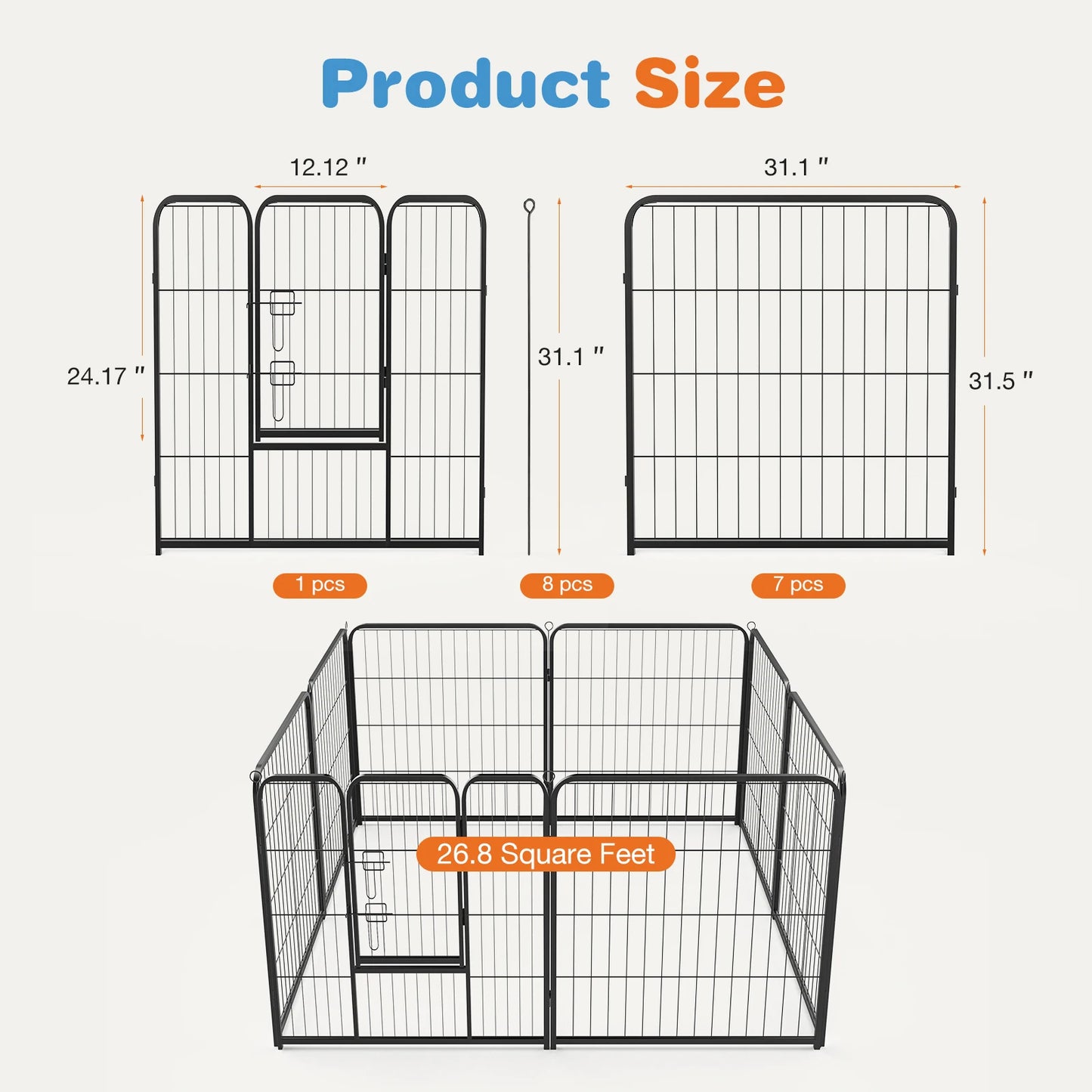 JHK 8 Panel Dog Playpen Indoor Pet Fence Exercise for Yard Gate Heavy Duty Crates with Doors Metal Dog Pen for Camping Outdoor