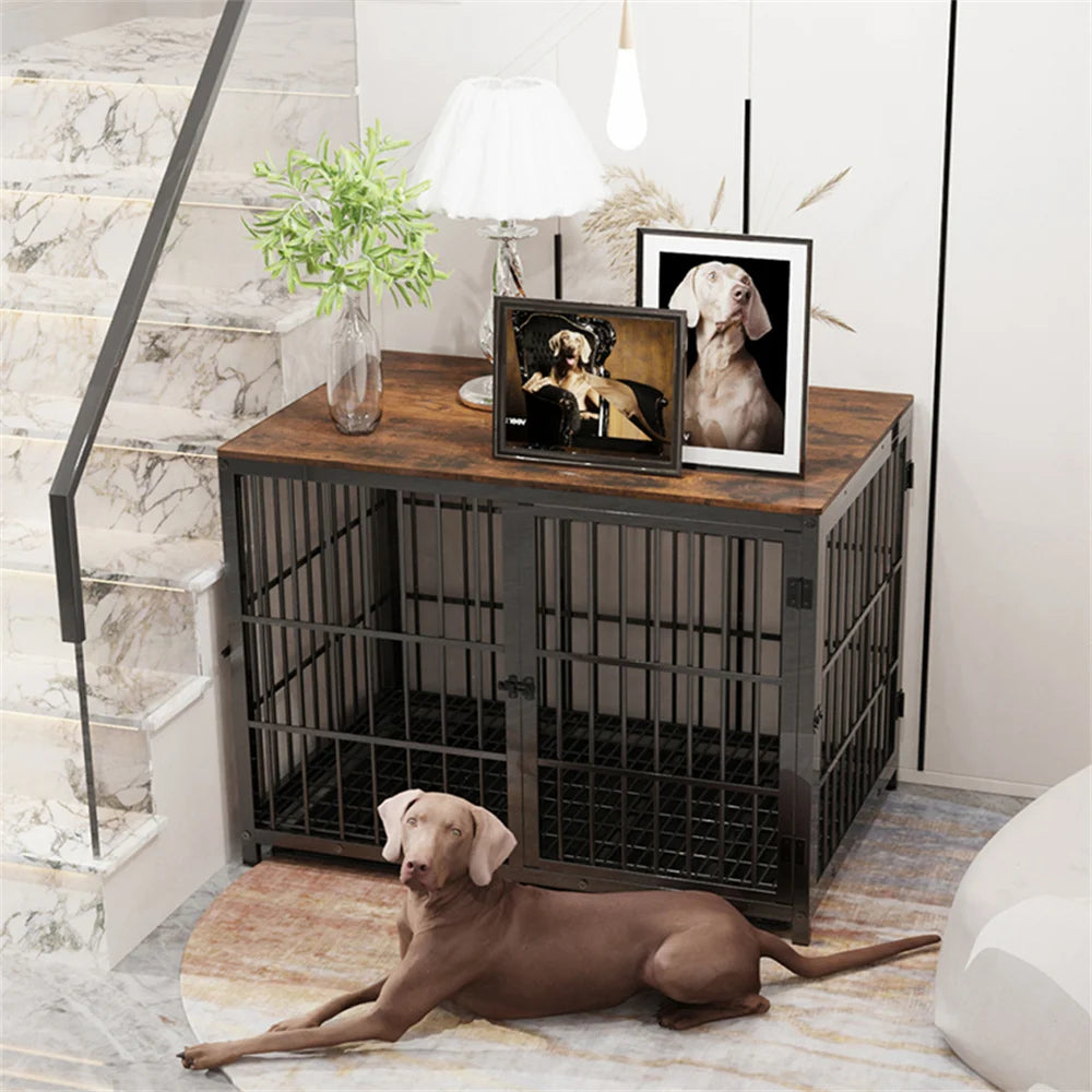 Large Wooden Dog Crate Indoor Furniture Style Elevated Pet Dog Cage Kennel End Table Lattice Playpen with 3 Doors Removable Tray