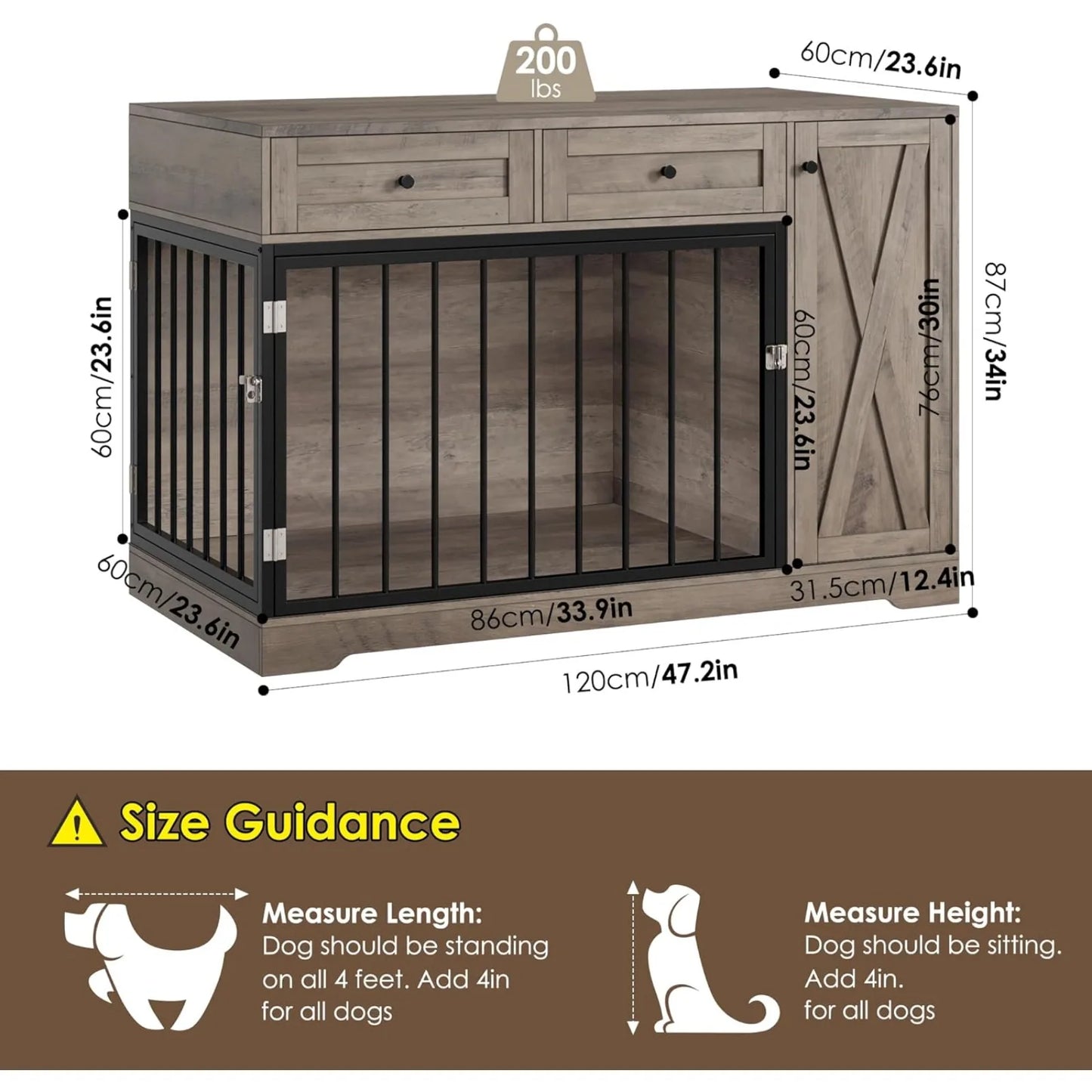 US Dog Crate Furniture Kennel with Double Doors Wooden Pet House with 2 Drawers and Storage Cabinet, Indoor Dog