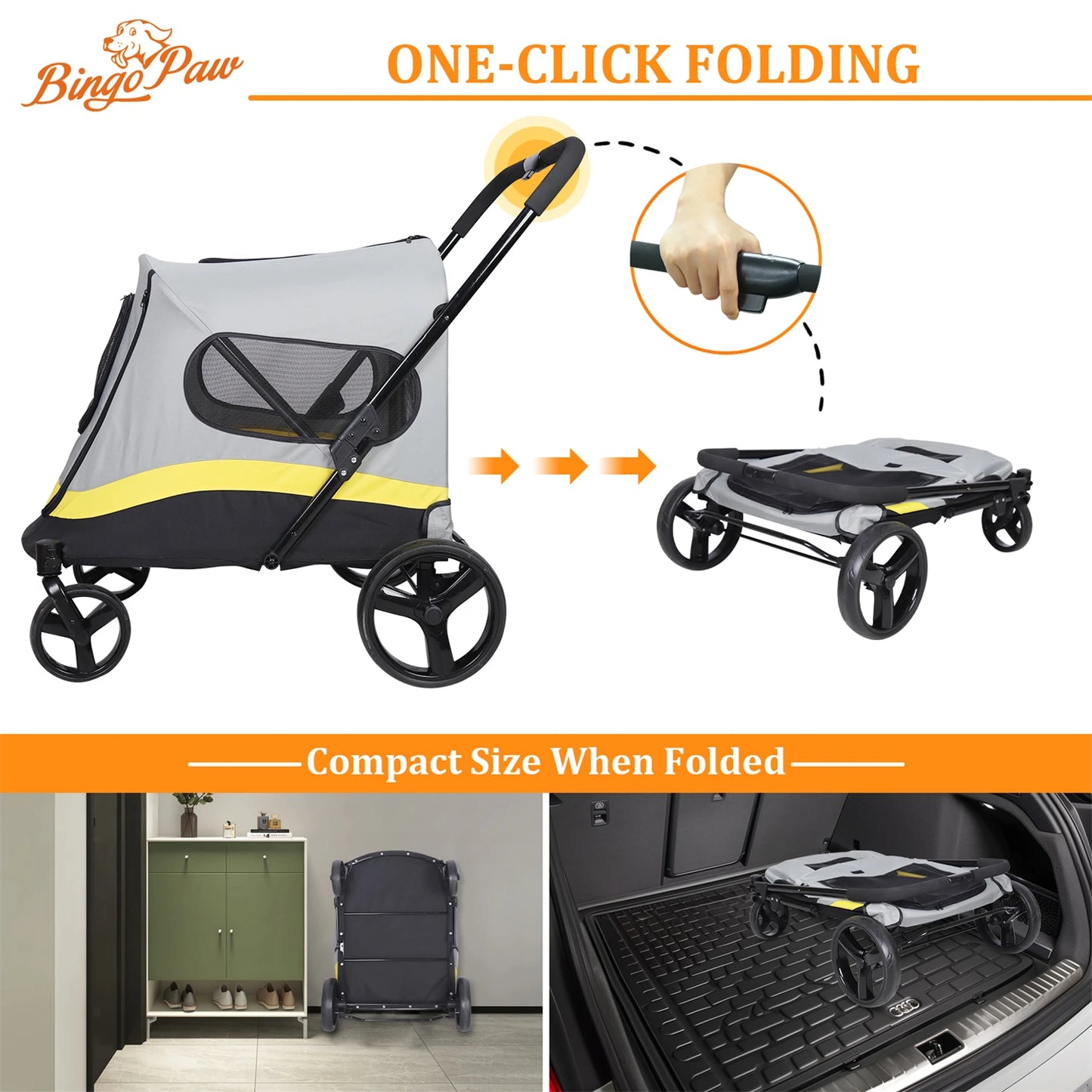 One-Click Folding Pet Stroller for Large Dogs Cat Animal Carrier with Universal Wheels, Shock Absorber Pushchair Trolley