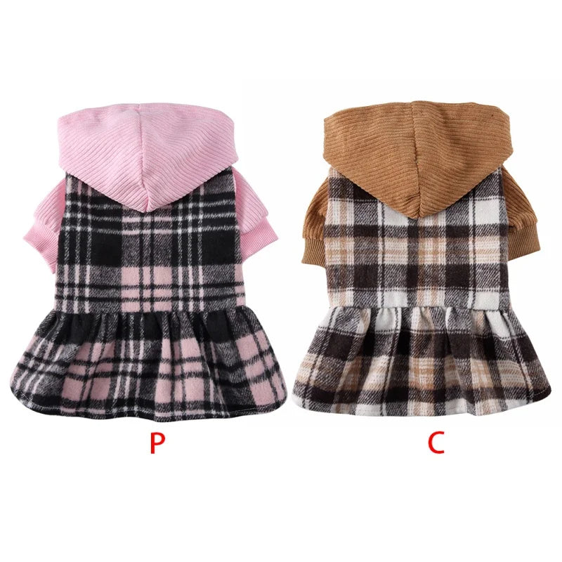 Plaid Dog Hoodie Dress Warm Soft Dog Sweater Skirt Outfit with Hat Autumn Winter Pet Coat Clothes for Small Medium Puppy Wearing