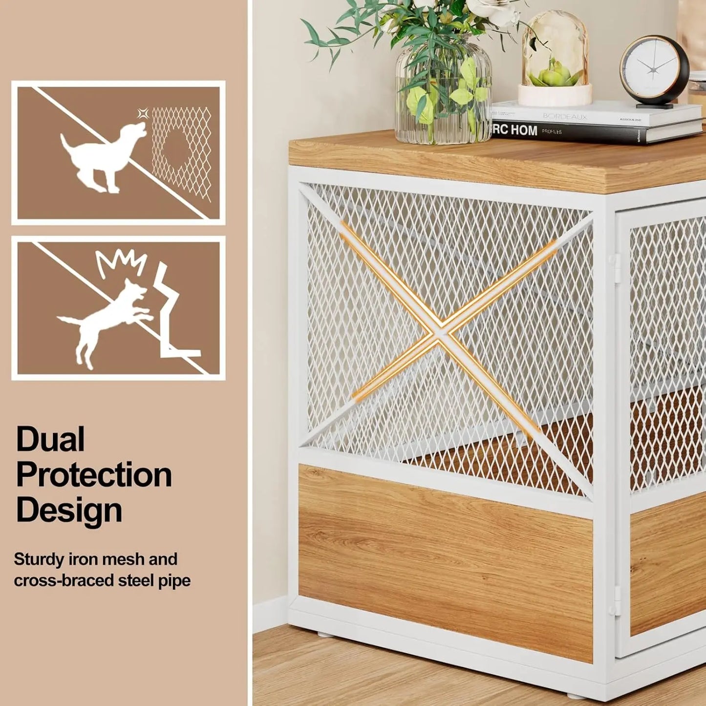 Heavy Duty Large Dog Crate Furniture, 38 Inch Wooden Dog Crate with Double Doors, Indoor Dog Kennel Furniture, Decorative Pet