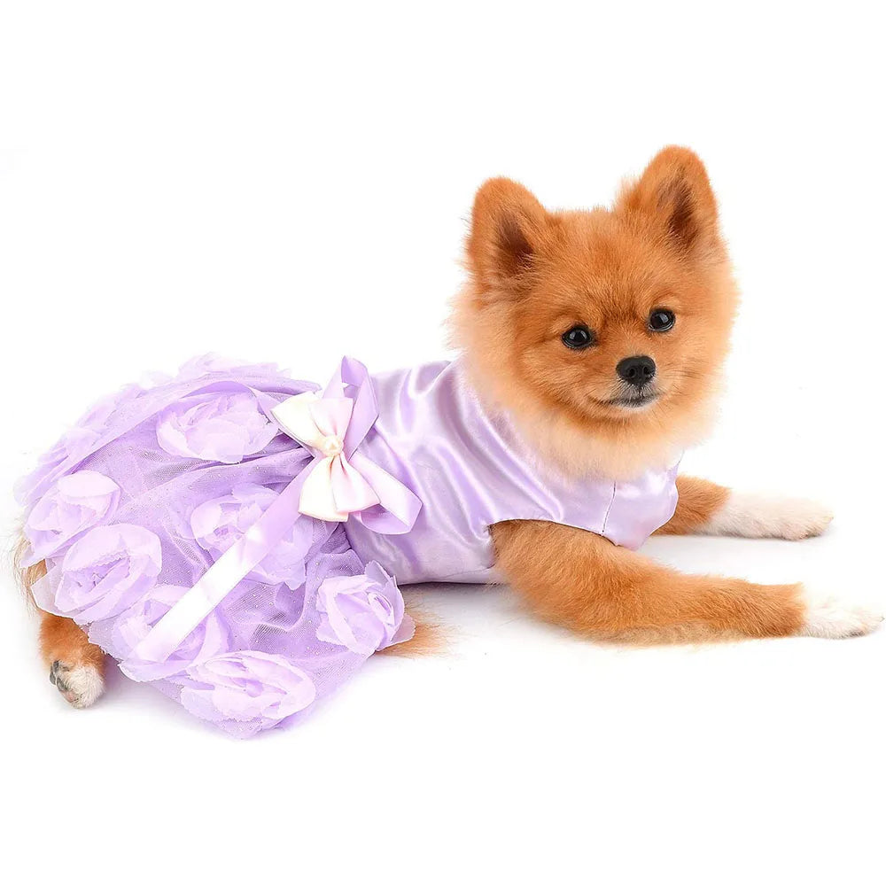 Pet Small Dog Wedding Dress with Bowknot Birthday Party Costume Satin Rose Pearls Girl Formal Dress for Puppy Dog Cat Tutu Dress