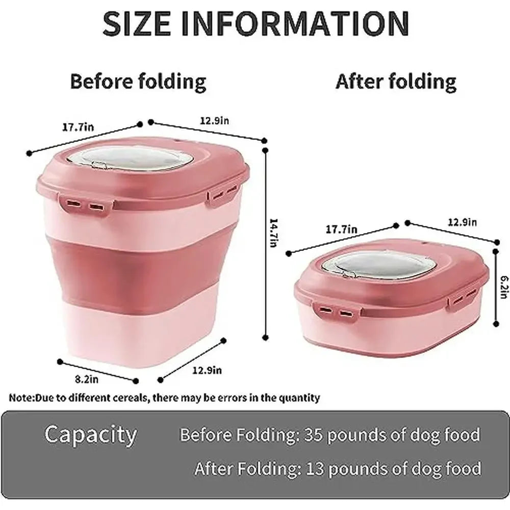 Portable Pet Food Container Wheels 50 lbs Storage Bag Collapsible Airtight Kitchen Cereal Rice Container Spoon Bowl Cup Pack