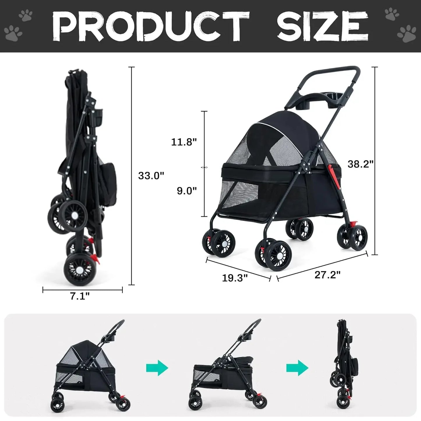 Wheels Dog Cat Stroller,Pet Folding Stroller,Foldable Dog Cat Cage Jogger Stroller with Storage Basket and Cup Ho