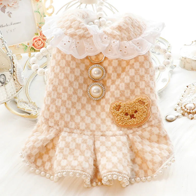 Pet Clothing Autumn Winter Dress Cat Dog Princess Dress Light Coffee Pearl Lapel Dress Small and Medium-sized Dogs Clothing