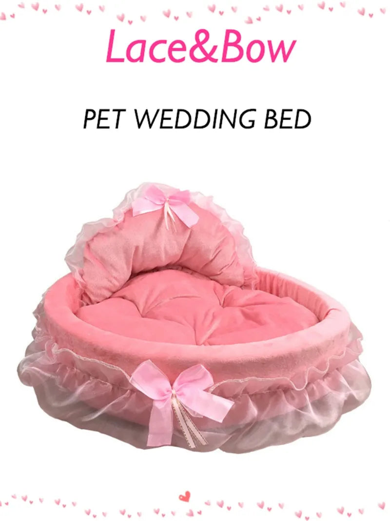 3D Fantasy Bow Lace Pet Bed for Dogs Romantic Detachable Oval Princess Pet Bed Dog Soft Sofa Nest Pet Wedding Furniture 1pc