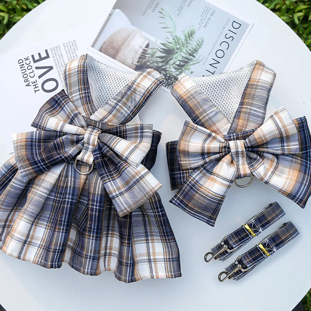 Dog Dresses for Small Dogs Girl Plaid Dog Dress Bow Tie Harness Leash Set Puppy Cute Bow Skirt Pet Outfits Yorkie Accessories