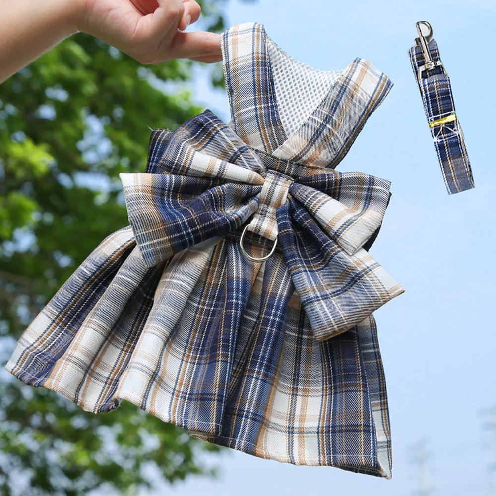 Dog Dresses for Small Dogs Girl Plaid Dog Dress Bow Tie Harness Leash Set Puppy Cute Bow Skirt Pet Outfits Yorkie Accessories