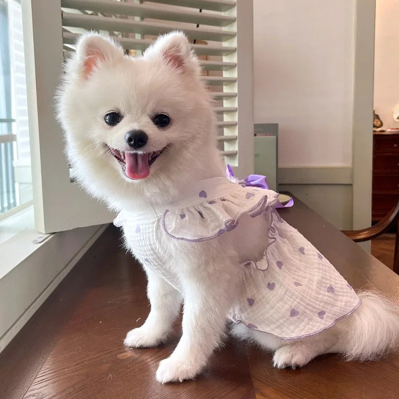 Summer  Dog Cooling Dress Thin Bow Heart Print Dog Clothes Pet Skirt Kitten Puppy Costume Chihuahua Bichon Yorkie Girls Dog Vest