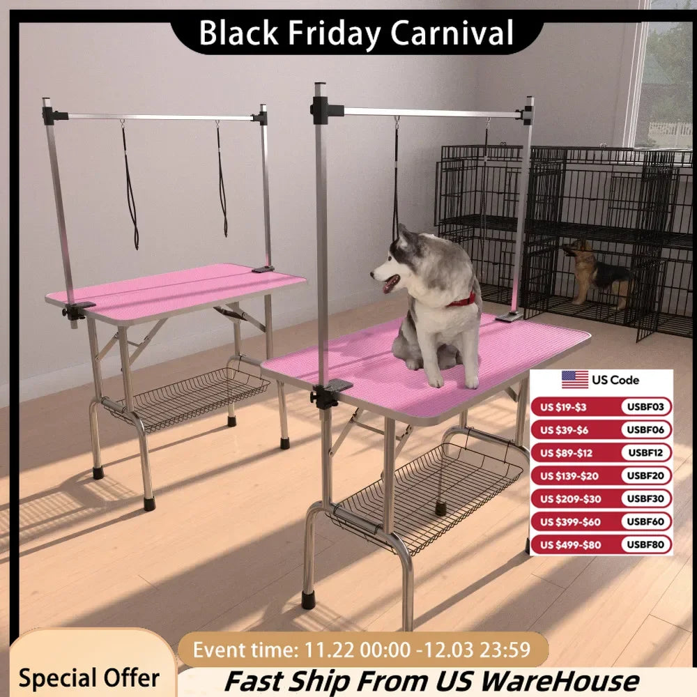 42" Folding Dog Pet Grooming Table Stainless Steel Frame Rubber Mat on Board， Clamps pet dog Cat Grooming Table