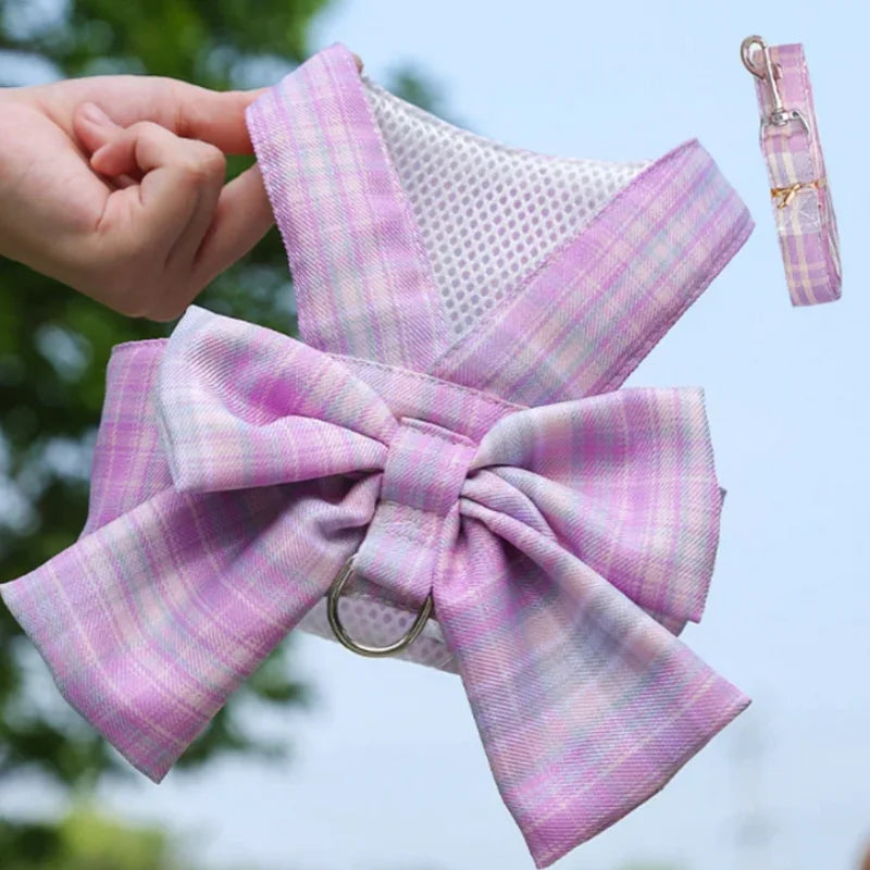 Pet Jk Plaid Dress Dog Harness and Leash Set Bow Skirt Kitten Puppy Vest Luxury Dog Clothes Chihuahua Dog Outfits Bichon Items