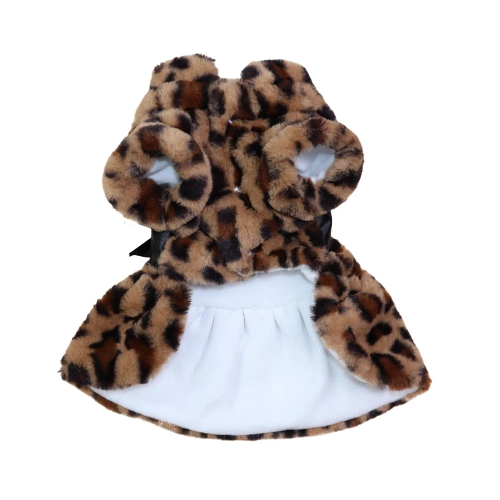 Winter Pet Clothes Elegant Luxury Fur Dress Warm Overcoat Small Dog Cat Clothes Bowknot Leopard Chihuahua Princess Party Dress