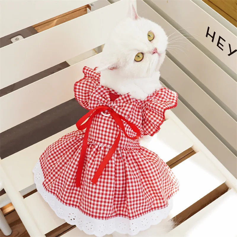 Summer Pet Dress Floral Pattern Plaid Skirts Cat Princess Dresses Chihuahua Yorkie Sweet Skirts Puppy Dog Costume Pet Supplies