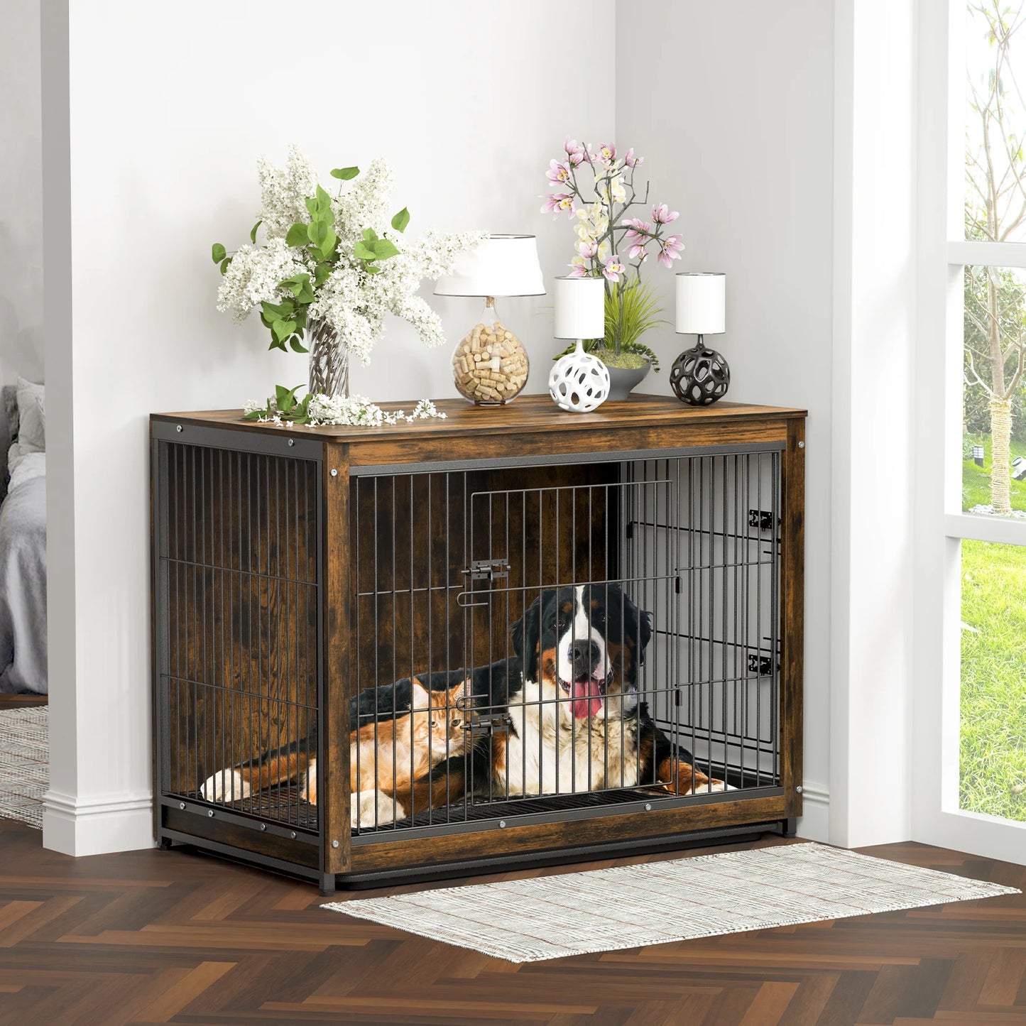 S M L 3 Sizes Dog Crate End Table Furniture Wood Metal Combine Pet Dog Cage Kennels with Double Doors and Removable Tray