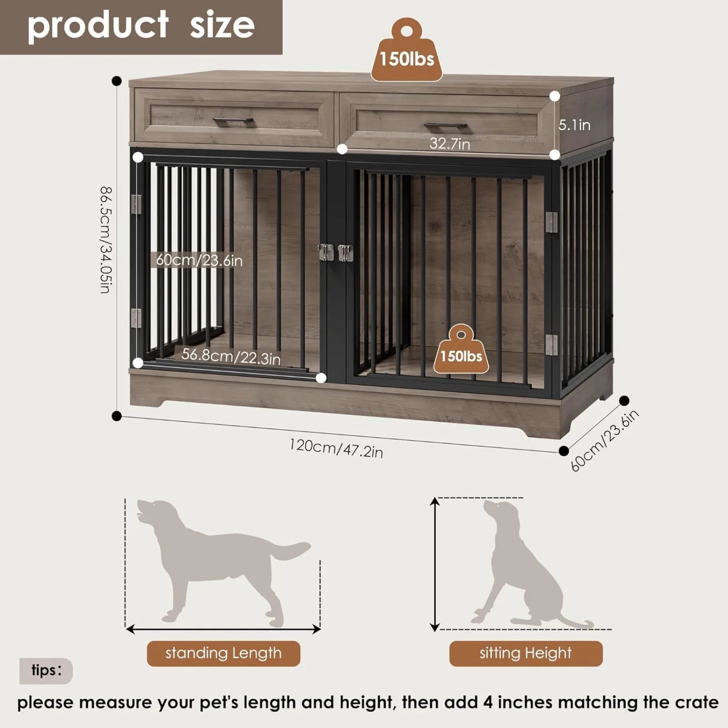 US Dog Crate Furniture 47" Wooden Dog Kennels for Dogs Indoor with a Removable Divider for Large/Medium/Small Dogs