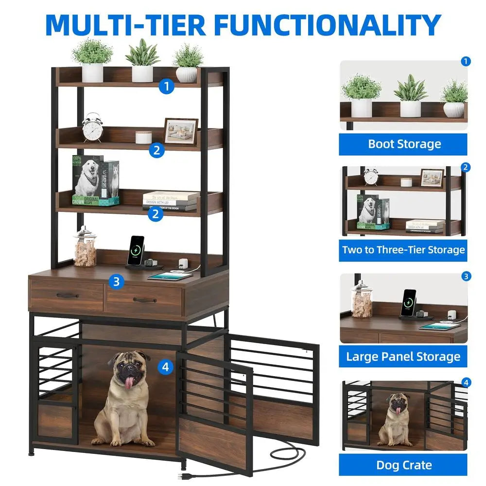 Pet Crate Furniture with Storage Shelves Drawers Charging Station