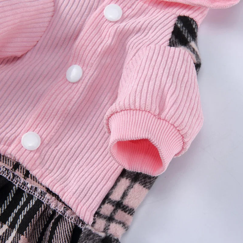 Plaid Dog Hoodie Dress Warm Soft Dog Sweater Skirt Outfit with Hat Autumn Winter Pet Coat Clothes for Small Medium Puppy Wearing