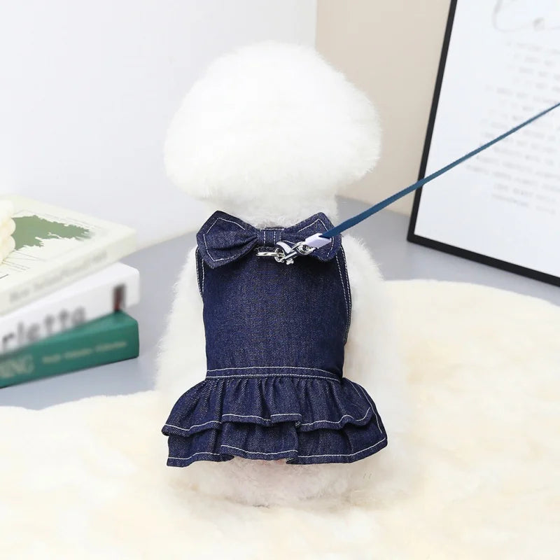 Pet Denim Dress Spring Summer Comfortable Puppy Summer Dress for Small Medium Dog Cats Cute Bow-Knot Dog Skirt