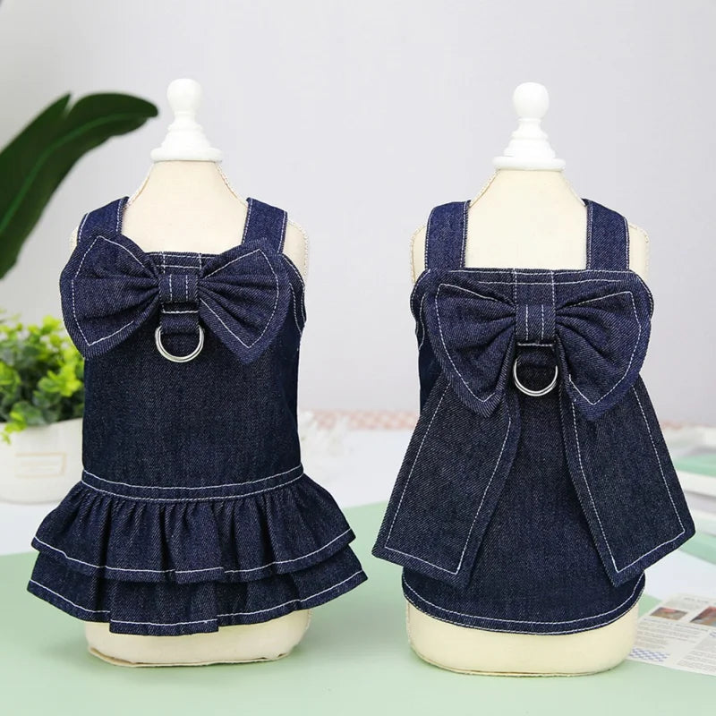 Pet Denim Dress Spring Summer Comfortable Puppy Summer Dress for Small Medium Dog Cats Cute Bow-Knot Dog Skirt