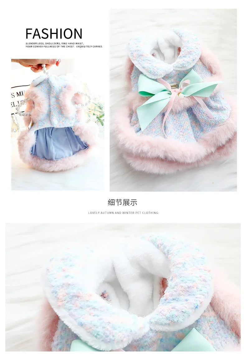 Fashion Soft Plush Pet Dog Clothes Lovely Pink Blue Winter Warm Princess Dress For Small Medium Dogs Poodle Puppy Dog Dresses