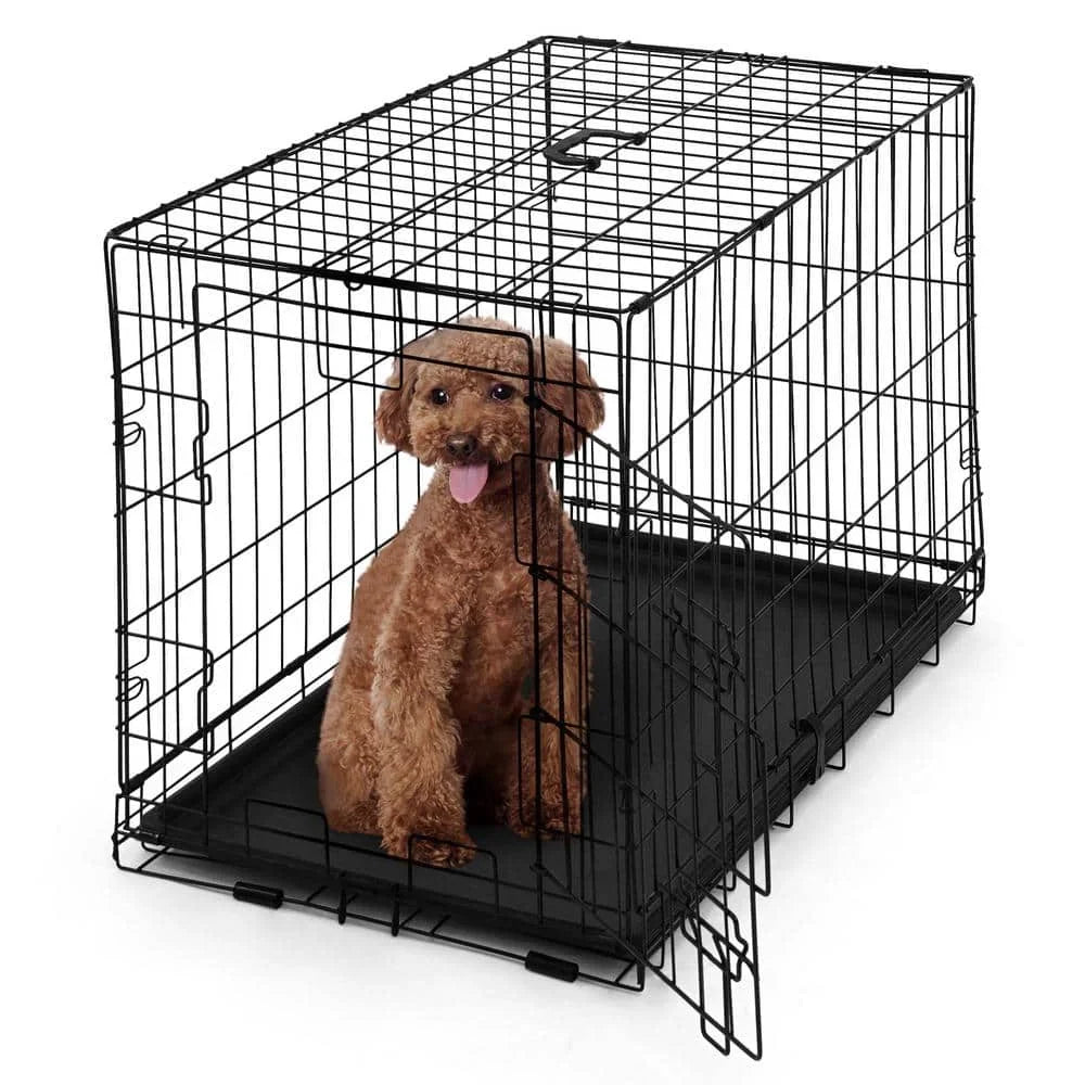 US 30 in. W Foldable Dog Crate Wire Metal Dog Kennel with Divider Panel, Leak-Proof Pan and Protecting Feet