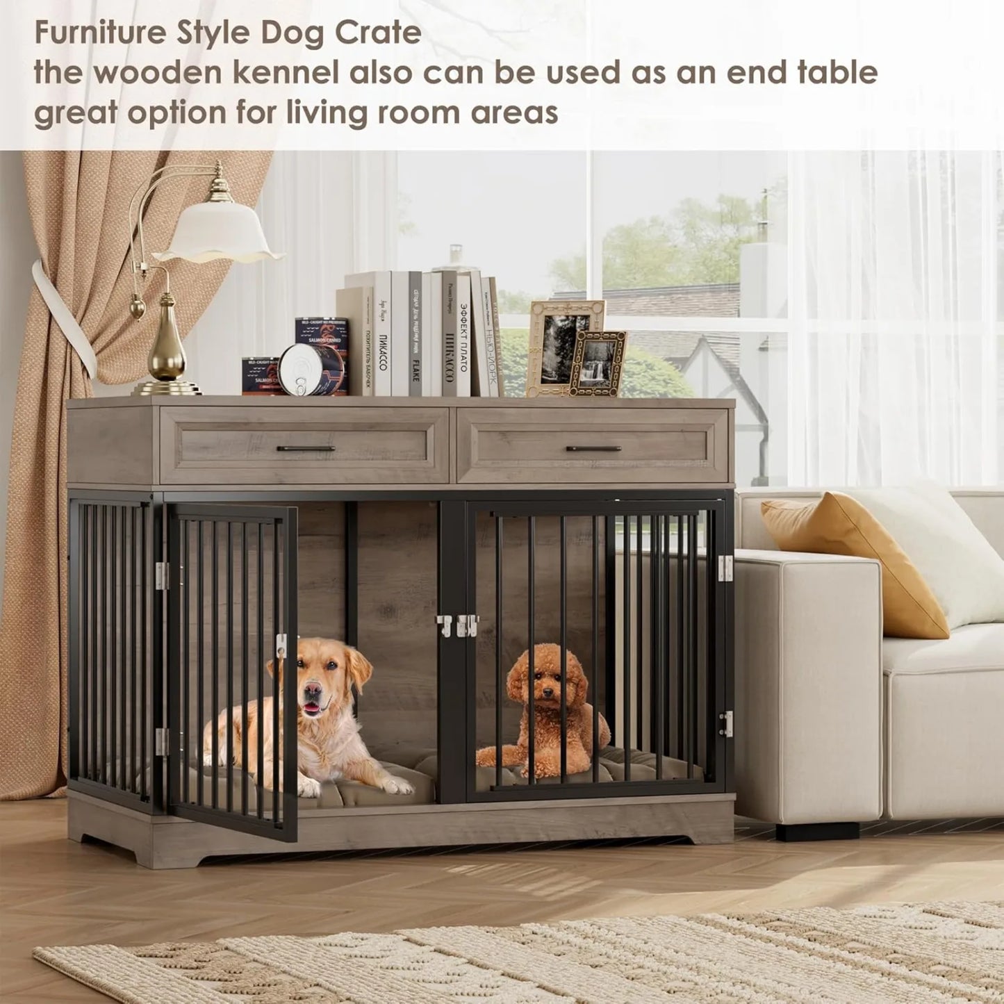 US Dog Crate Furniture 47" Wooden Dog Kennels for Dogs Indoor with a Removable Divider for Large/Medium/Small Dogs