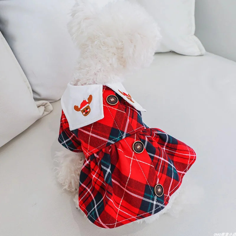 1PC Pet Clothes Spring and Autumn Red Christmas Elk Plaid Princess Skirt Suitable for Small and Medium sized Dogs