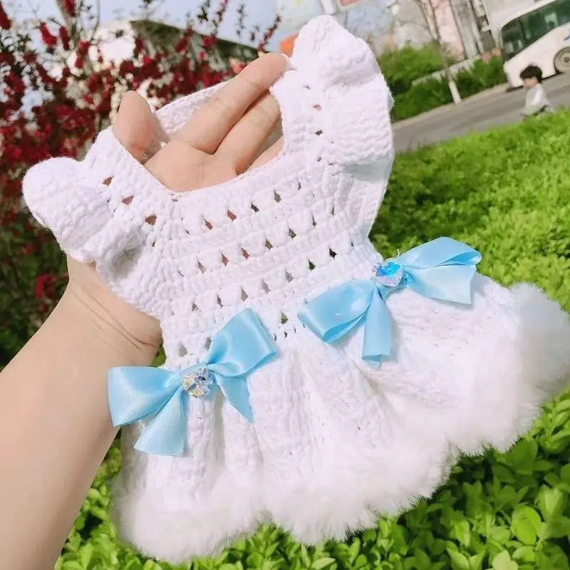 Cat and Dog Dress Autumn Winter Princess Dress Pink Blue Bow Hollow Out Sweater Dress  Fashion Two Legged Pet Clothing