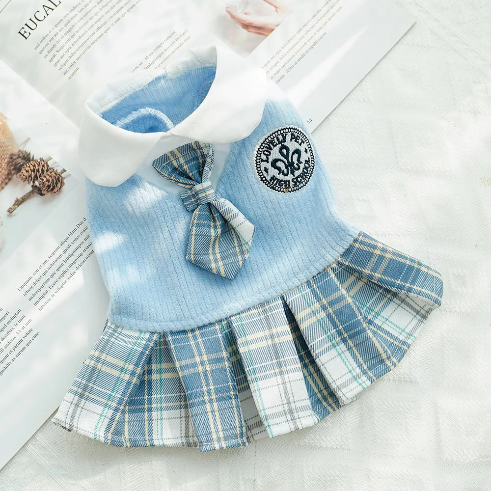 College Style Dog Dress for Small Dogs Plaid Dog Skirt Pet Clothes Puppy Girl Breathable Sweatshirt Cat Outfits Spring Apparel